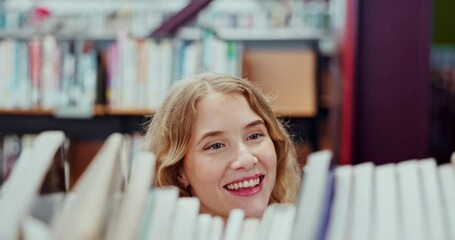 Poster - Girl, smile and choice for book in library, studying and knowledge for assignment, college and goal. Store, discount and learning for writing project, university student and information for reading