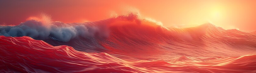 Sunset over vibrant red ocean waves, creating a stunning and surreal seascape with vividly colored water and a glowing horizon.