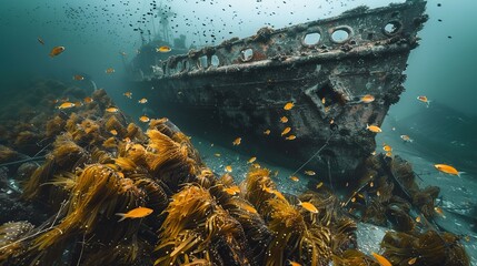 Wall Mural - A shipwreck surrounded by seaweed and marine life..illustration