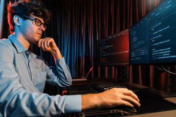 it developer thinking online software development information coding on pc screen at side view, work