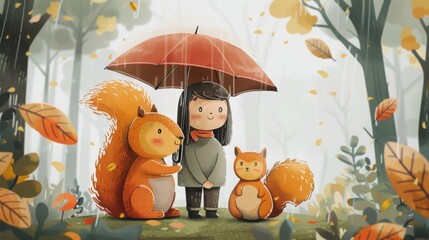 Illustration of a child with squirrels under a red umbrella in a forest during autumn, highlighting friendship and nature.