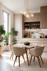 modern beige kitchen and dining area with marble countertops and gold accents