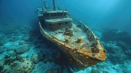 Wall Mural - A shipwreck with its mast still standing, rising above the waterline..illustration