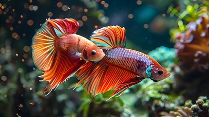 Wall Mural - Dramatic Confrontation of Two Vibrant Siamese Fighting Fish in Underwater Macro Closeup