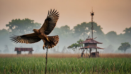 Wall Mural - ai image generate segmentation of birds of prey in rice fields