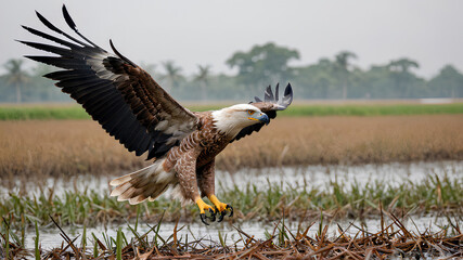 Wall Mural - ai image generate segmentation of birds of prey in rice fields