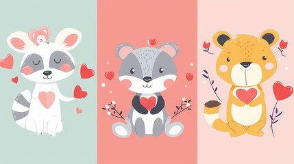 Wall Mural - Funny Animal in Love Feel Passion at Valentine Day ,A set of cute cartoon animals. Vector flat images of animals for postcards, invitations, textiles, thermal printing