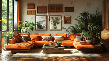 Sticker - Mid-century modern living room with a walnut sofa and burnt orange cushions.