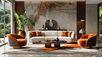 Poster - Mid-century modern living room with a walnut sofa and burnt orange cushions.
