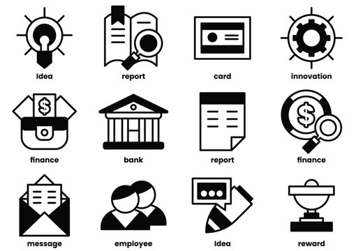 The icons include a bank, a wallet, a book, a pen, a clock, a dollar sign