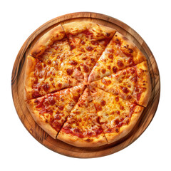 Wall Mural - Classic pizza with cheese on wooden board isolated on transparent background, top view