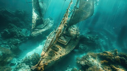 Wall Mural - A sunken sailboat, with its sails torn and fluttering underwater..stock image