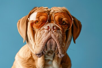 Wall Mural - Shar pei dog wearing sunglasses isolated on blue background