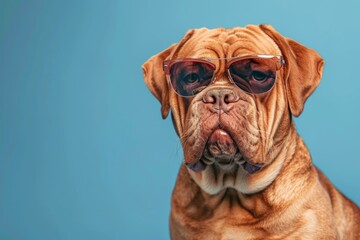 Wall Mural - Shar pei dog wearing sunglasses isolated on blue background