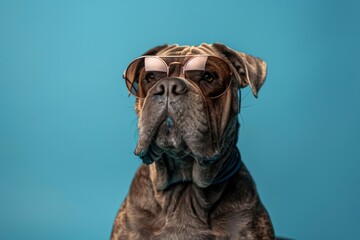 Wall Mural - Shar pei dog wearing sunglasses isolated on blue background