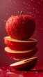 © ChanaphaStudio - Close-up of a sliced red apple with water droplets, suspended in mid-air, showcasing freshness and vibrant color against a red background.
