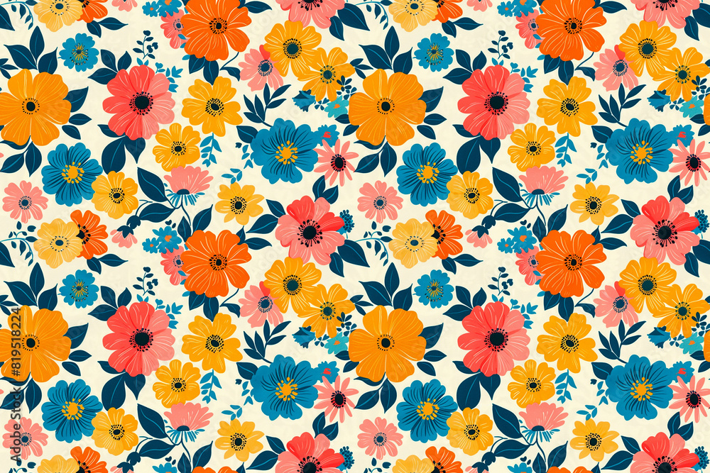 Seamless floral pattern with colorful flowers and leaves on a light ...