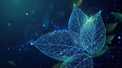 Transparent leaves on dark blue background, technological and futuristic