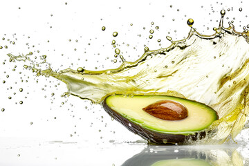 Poster - Avocado in oil splash flows  on white background. Healthy food.