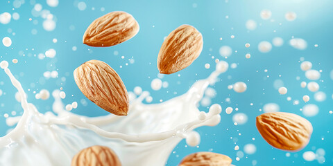 Wall Mural - Almonds nuts flying in organic milk splash  on light blue background. Vegan liquid. Banner