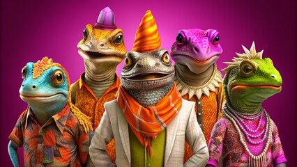 creative animal concept. group of lizard reptile in funky wacky wild mismatch colourful outfits isol