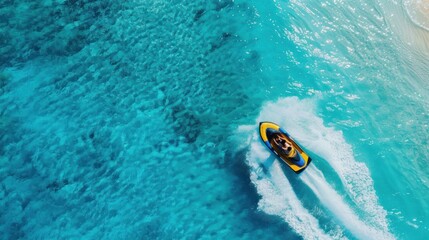 People are playing a jet ski in the sea.Aerial view. Top view.amazing nature background.The color of the water and beautifully bright.