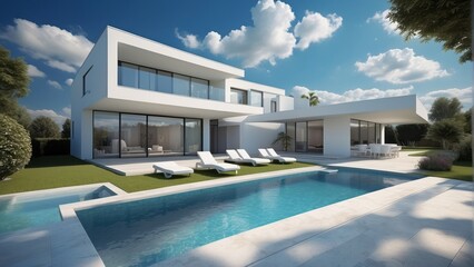 Wall Mural - Architecture modern white house with swimming pool, 3D building design illustration