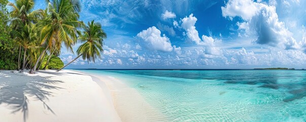 panoramic view of a tropical beach with palm trees and white sand with a blue sky and clouds, a pano