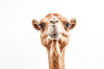Close-up portrait of a camel's face with a white background