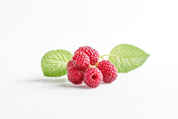 Wall Mural - Closeup of Fresh Raspberries with Green Leaves on White Background