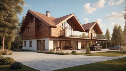 Wall Mural - Architecture modern cozy house in chalet style with large garden on summer evening, 3D building design illustration