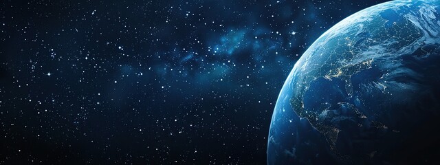 Wall Mural - planet earth with starry sky in the background. the planet is surrounded by a very wide expanse of s