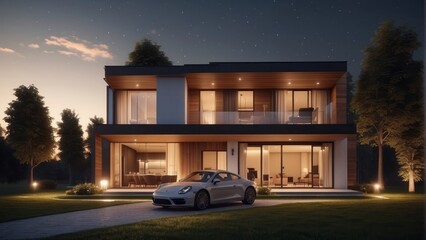 Wall Mural - Architecture modern house with garage in summer at night, 3D building design illustration