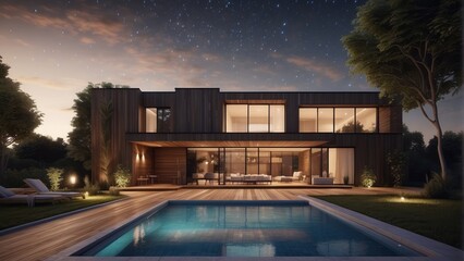 Wall Mural - Architecture modern house with swimming pool in summer at night, 3D building design illustration