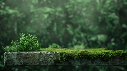 A moss covered rock with green plants growing on it