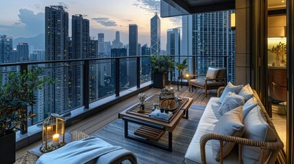 A luxurious rooftop sitting space with contemporary black rattan furniture, plush cushions, and a glass balustrade offering a stunning city view