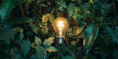 Wall Mural - green innovation inspiring a lightbulb surrounded by lush greenery, symbolizing the fusion of innova