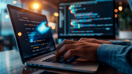 Wall Mural - software development featuring software engineer using laptop, modern digital internet technology, a