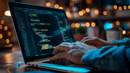 software development featuring software engineer using laptop, modern digital internet technology, an IT developer writing a program code, typing hands 
