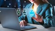 © Diamond Fuji - 顧客レビュー満足度フィードバック調査のコンセプト。ビジネスマンの使用ラップトップは、仮想画面上で笑顔のアイコンを選択します。