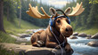 © Muzamil - a moose wearing headphones and a plaid shirt, sitting on a rock in front of a river.