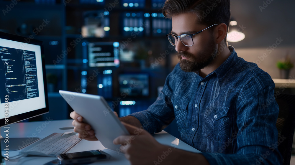 male software engineer using a digital tablet in modern office, an IT ...