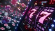 © Pnitha - 3D render of a slot machine with a neon glowing number '7' and casino chips on the background of bright lights in the style of an online gambling concept, detailed without Chinese characters or repeat