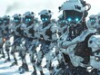 © Nakarin - AIcontrolled EV armies in combat, copy space, future warfare, futuristic, composite, tech battlefield backdrop
