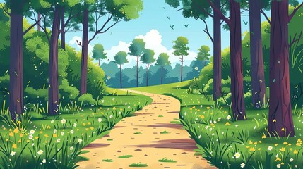 Forest path flat design front view woodland walk cartoon drawing Tetradic color scheme