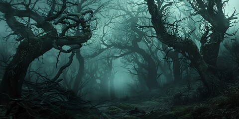Dark, eerie forest with twisted trees and fog, evoking a sense of horror and mystery, Gothic, Digital Art,