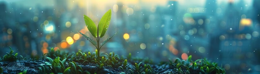 Close-up of a fresh green plant sprouting in an urban environment with city lights in the background, symbolizing growth and hope.