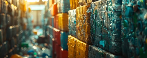 Colorful compressed plastic cubes in a recycling facility with sunlight filtering in. Industrial recycling and waste management concept.