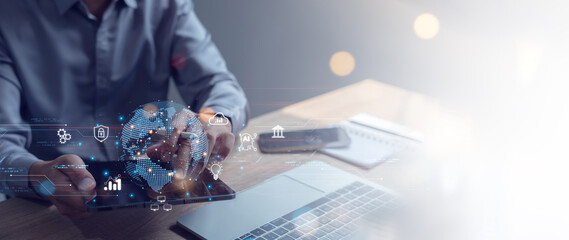 digital technology concept Computer programmer using digital tablet with big data and business intelligence innovation technology background