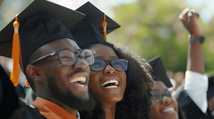 Happy African couple in graduation costume with their classmates